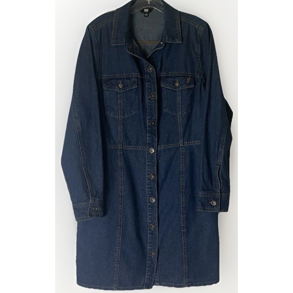 Frye Western Denim Shirt Dress Women's L Button Front Blue Long Sleeve